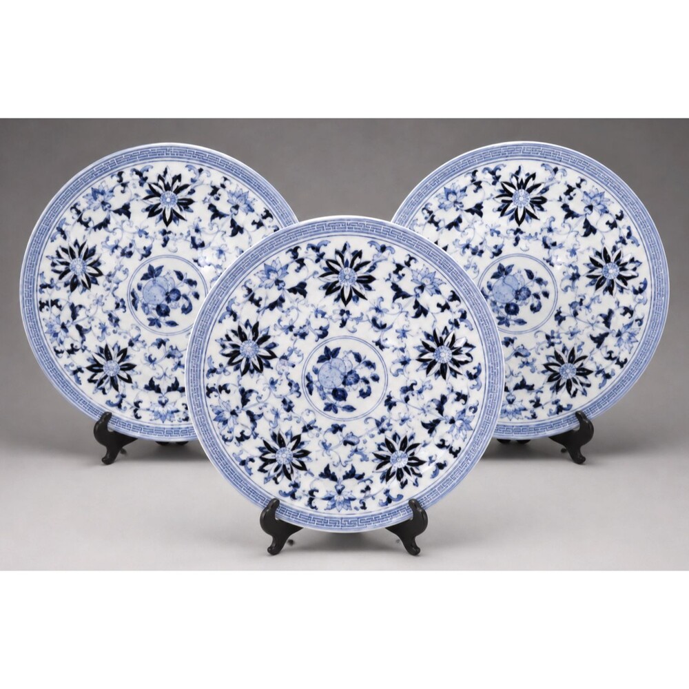 Vintage 1990s Chinese Blue & White Pomegranate Plates (3) Hand Painted